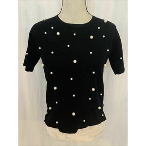 Zara Knit Womens Black White Pearl Crew Neck Short Sleeve Sweater Top Medium